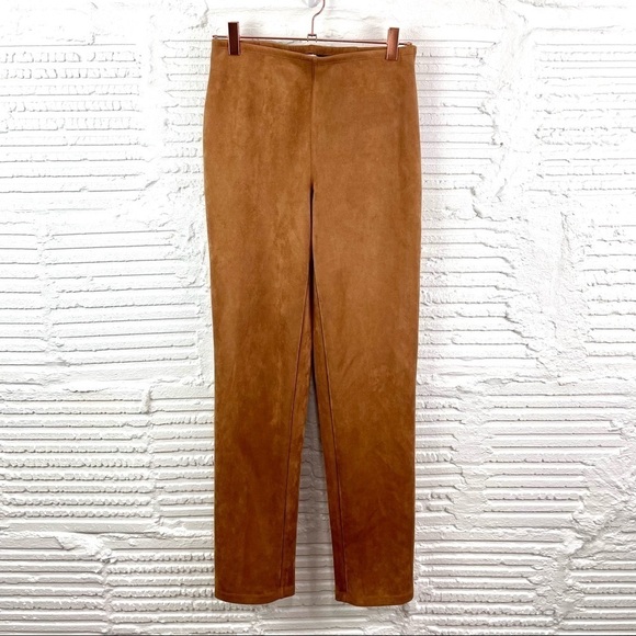 Marla Wynne Camel Faux Suede Straight Stretch Pants Side Zipper Size 2 - Picture 1 of 13